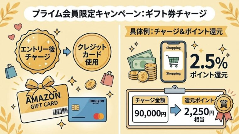 Amazonプライム会員限定のギフト券チャージキャンペーンを解説する図解。事前エントリー後にクレジットカードを使用してチャージすると最大2.5%ポイント還元される仕組みや、90,000円チャージで2,250円相当のポイントが戻ってくる具体例のイラスト