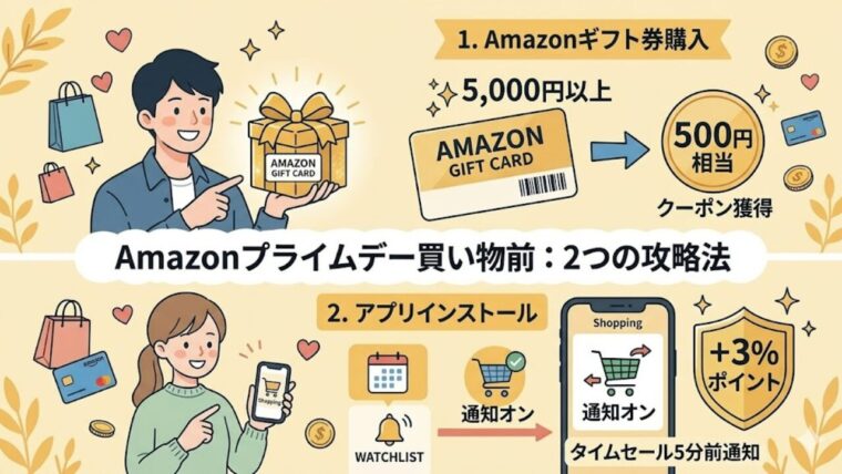 Amazonプライムデーの事前準備として、5000円以上のギフト券購入で500円相当のクーポンがもらえる攻略法と、アプリインストールによるポイント還元率アップや5分前通知のメリットを解説する図解
