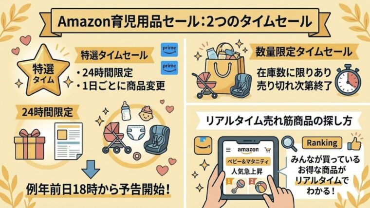 Amazonプライムデーの育児用品セールにおける2つのタイムセールの特徴と、リアルタイムの売れ筋商品の探し方を解説する図解イラスト。特選タイムセールと数量限定タイムセールの違いや、前日18時からの予告開始、ベビーマタニティカテゴリの人気急上昇ランキングから探す手順の紹介
