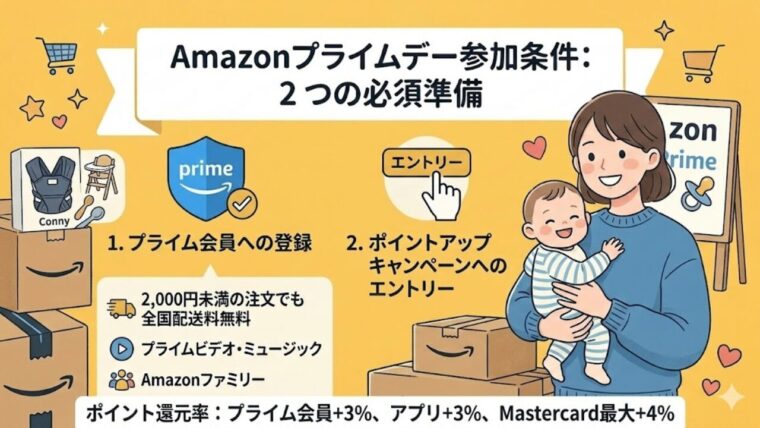 Amazonプライムデーの参加条件であるプライム会員登録とポイントアップキャンペーンのエントリーを解説する図解